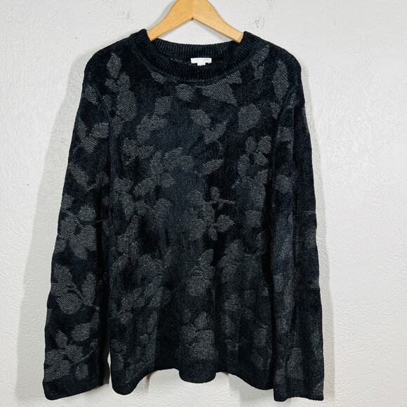 J Jill Heavy Knit Silk Wool Crewneck Sweater Loose Fit Floral Casual Black - XL - Picture 4 of 6
